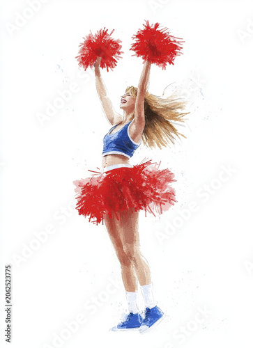 Joyful cheerleader with pom poms, celebrating in vibrant outfit, exuding energy and enthusiasm