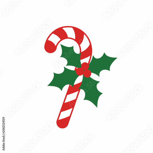 A festive candy cane decorated with green holly leaves and berries