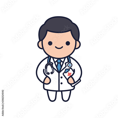 A cute cartoon doctor character standing in a white coat