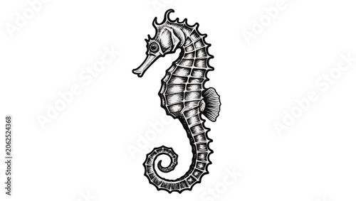 Detailed black and white seahorse engraving