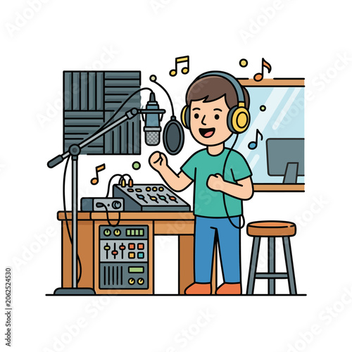 A young man records audio in a professional music studio