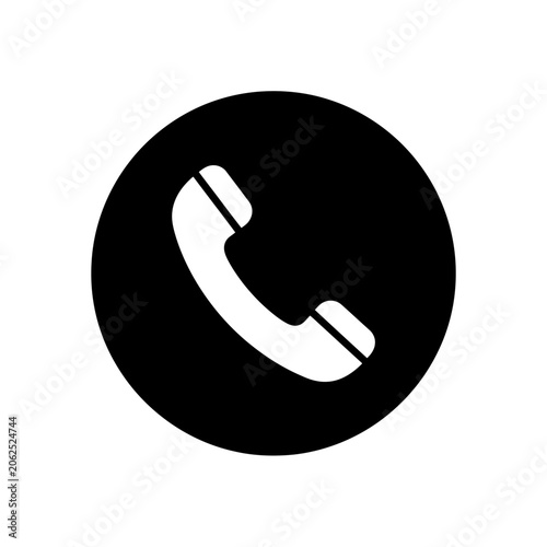 A black circular icon featuring a white telephone handset
