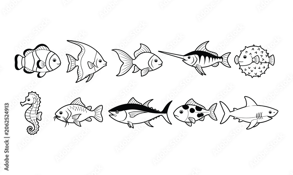 Obraz premium Graphic collection of various sea animals and fish sketches for children creative art.
