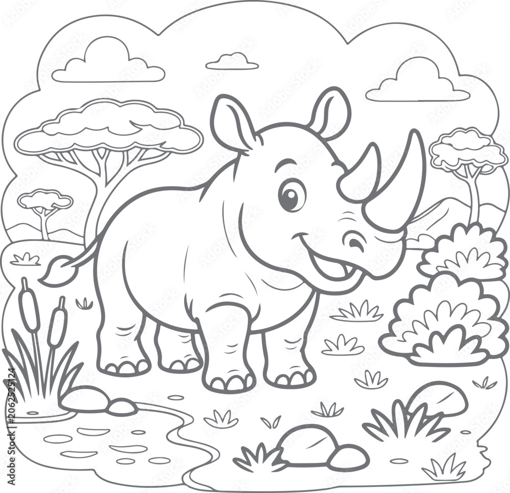 Fototapeta premium Cute Cartoon Rhinoceros in the African Savanna Coloring Page