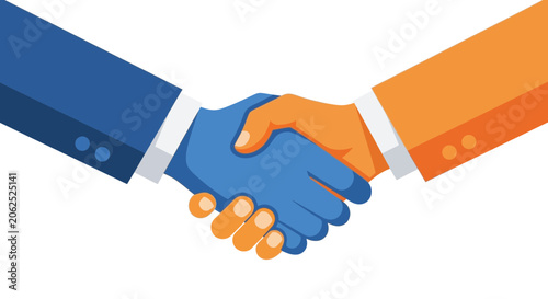 Business handshake, teamwork, agreement, partnership, cooperation, success in blue and orange suits