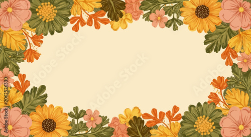 Autumn floral frame, pastel flowers and leaves backdrop, vintage seasonal design