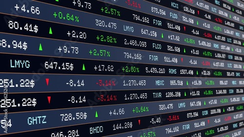 Close-up stock market ticker tape, exchange data, prices, percentage changes and arrows up or down. Trading strategy, market data, business, investment, analyzing data, risk, wealth, financial markets