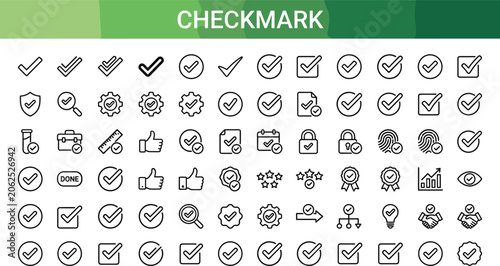 Checkmark and Approved Sign Icon Set Featuring Green Accent Line Vectors for Verification, Success, Task Management, Quality Compliance, and Voting Designs