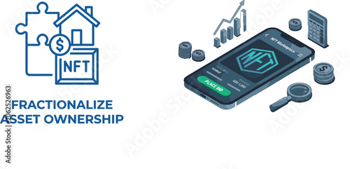 Fractionalized Asset Ownership and NFT Real Estate Vector Illustration Set Featuring Smartphone Marketplace, Digital Tokens, Financial Growth Charts, and Property Investments