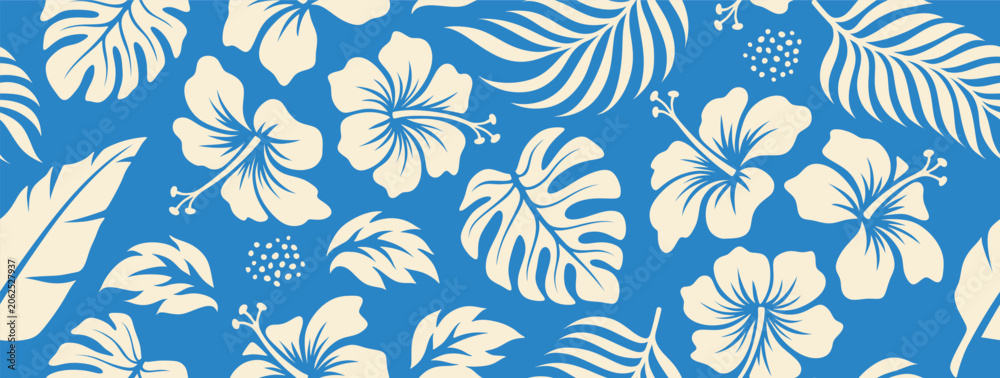 Fototapeta premium Hand drawn hibiscus flower tropical vector seamless pattern.