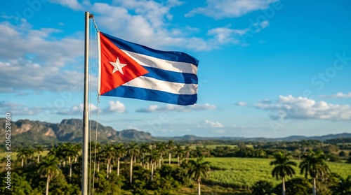 National Cuban flag waving on flagpole over tropical landscape with palm trees in morning light