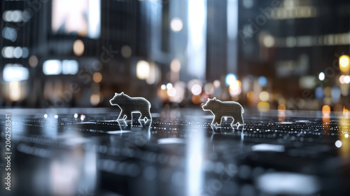 Digital bears symbolize market trends in modern cityscape, showcasing blend of technology and finance