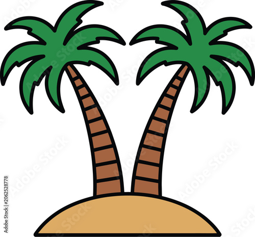 Vászonkép Palm trees, on sandy island vector, cartoon tropical island icon featuring beach landscape and swaying palms for holiday and tourism designs