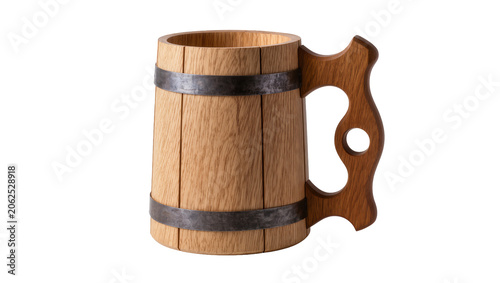 Bild auf Leinwand Wooden beer mug with metal bands and carved handle