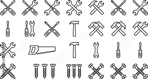 Schilderij op canvas Hardware Repair Tools Line Icon Set Featuring Crossed Screwdrivers Wrenches Hamm