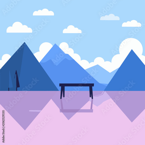 A serene mountain landscape with a gate in the foreground
