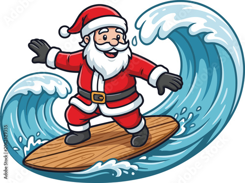 Canvas Print Cartoon santa claus surfing on a wave riding a brown surfboard