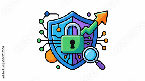 A shield with a lock and magnifying glass surrounded by circuit lines and dots