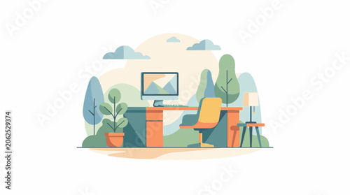 A serene workspace with a computer and chair surrounded by plants and trees