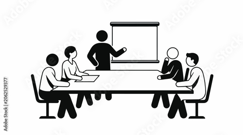 A simple black and white illustration of a person presenting to a group of people