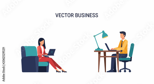 A woman with a laptop on a sofa and a man with a laptop at a desk