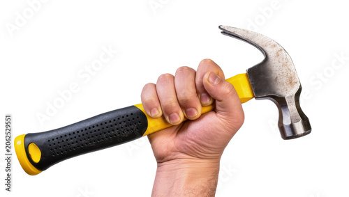 Quadro su tela Hand holding claw hammer with yellow and black handle