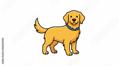 A yellow dog with a blue collar stands on a white background