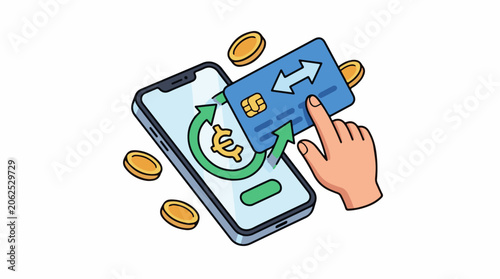 Cartoon illustration of mobile phone with credit card and coins