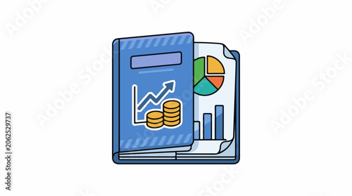 Cartoon illustration of blue folder with coins, line graph, and bar chart