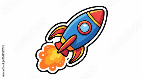 Cartoon rocket ship blasting off with flames and smoke