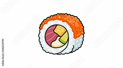Colorful cartoon sushi roll with orange topping and white rice