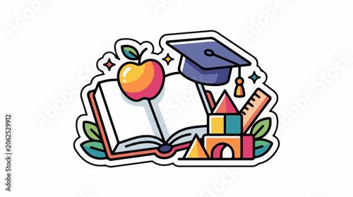 Colorful illustration of an open book with a graduation cap, apple, and toys