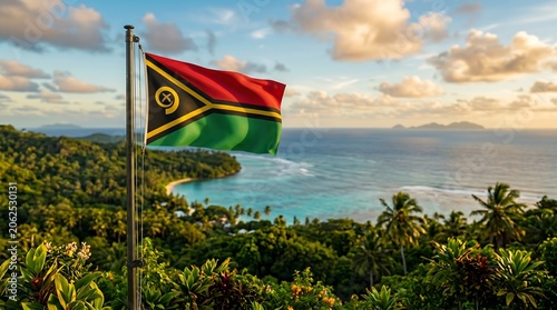 Vanuatu national flag waving over tropical island coastline with lush jungle and sunset horizon