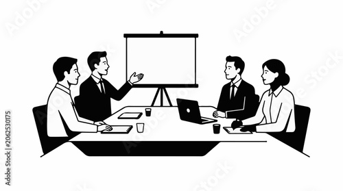 Four people in business attire meeting around a table with a projector screen