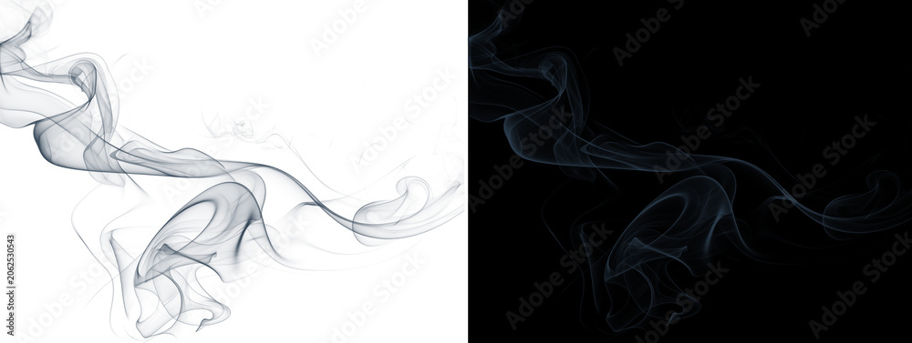 Naklejka premium Glowing Blue Gray Wavy Smoke Waves Ink Swirl Abstract on White and Black Dual Background