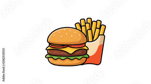 Illustration of a burger with cheese, lettuce, tomato and a box of fries