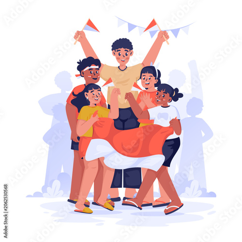 Group of Children Supporters Holding Red and White National Flag Vector Illustration