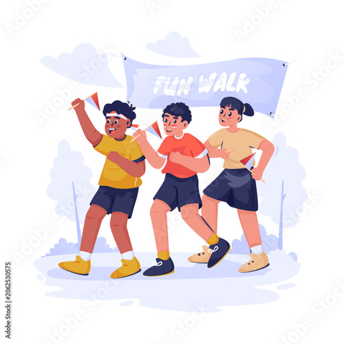 Children Participating in Fun Walk Event During Independence Day Celebration Vector Illustration