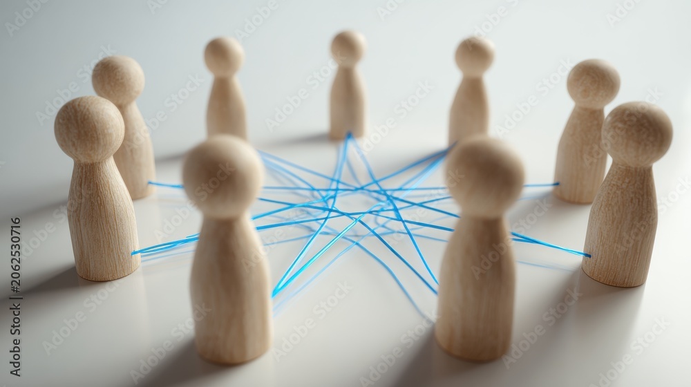 Obraz premium Wooden figurines connected by blue strings in a circle representing teamwork and social networking