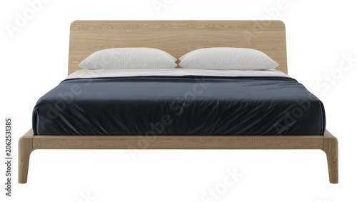 Obraz na plátně Modern wooden bed with dark blue bedding and white pillows