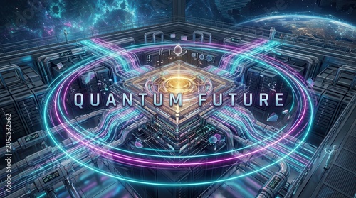 Quantum future concept with glowing rings and server room technology illustration