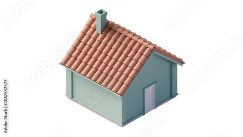 Foto Small house with teal siding and terracotta roof tiles