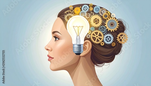 Woman's profile with gears and a lightbulb symbolizing intelligence and innovation on a light blue backdrop