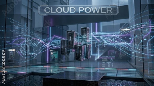 Server room with glowing digital network and cloud computing data visualization