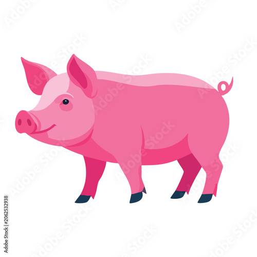 A cute cartoon illustration of a happy pink pig standing on a white background.