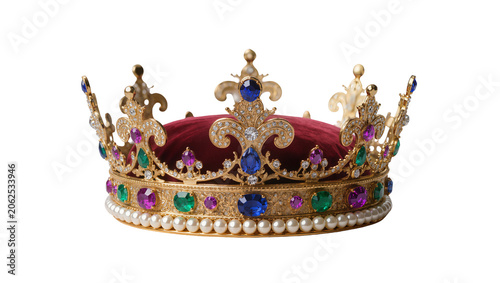 Konstfotografi Ornate gold crown with red velvet and colorful gemstones