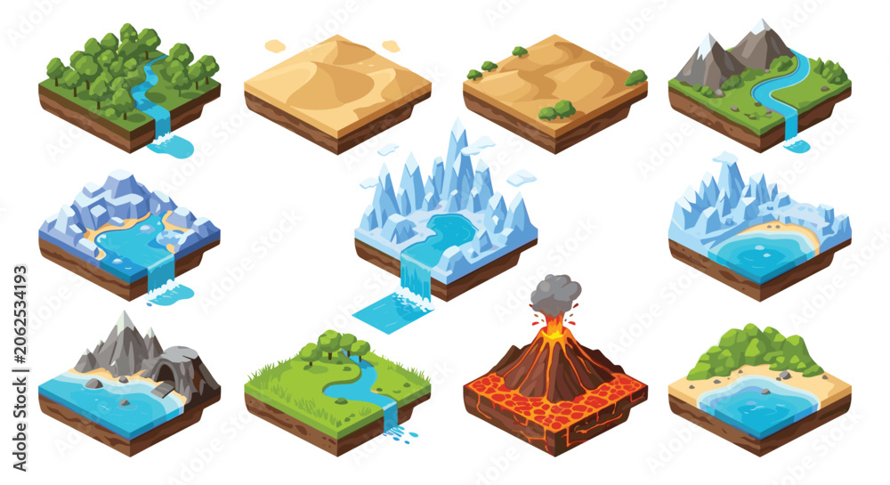 Fototapeta premium Isometric landscape tiles depicting various biomes such as forests, deserts, arctic regions, and volcanic areas for gaming.