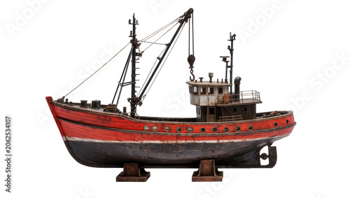 Картината върху платно Red and black fishing trawler boat model with crane