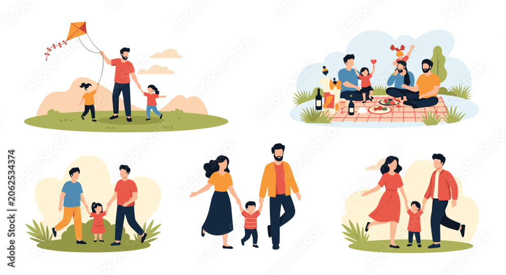 Fototapeta premium Collage of happy families spending quality time together outdoors, playing with kites and having picnics in the park.