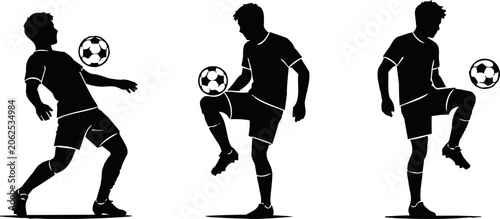 Football soccer player silhouette controlling ball with knee chest and juggling